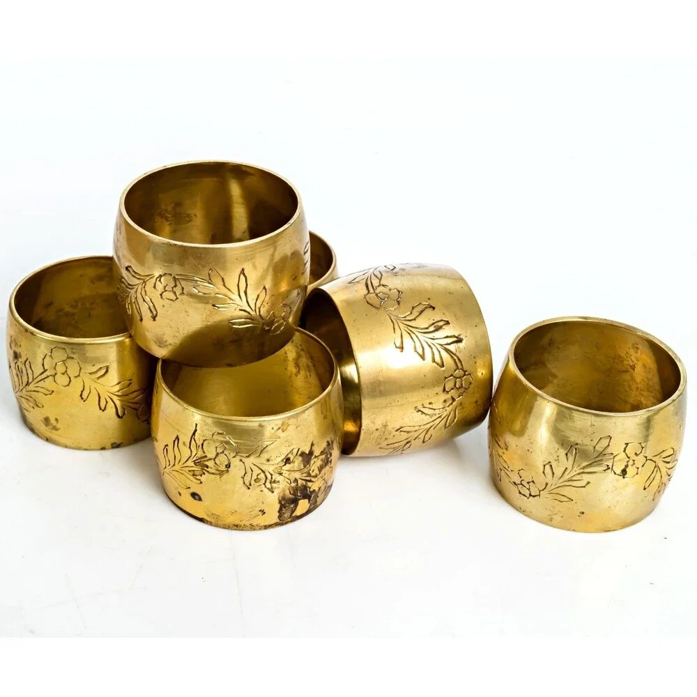 Floral Brass Napkin Rings - Set of 6 - Vintage MCM
